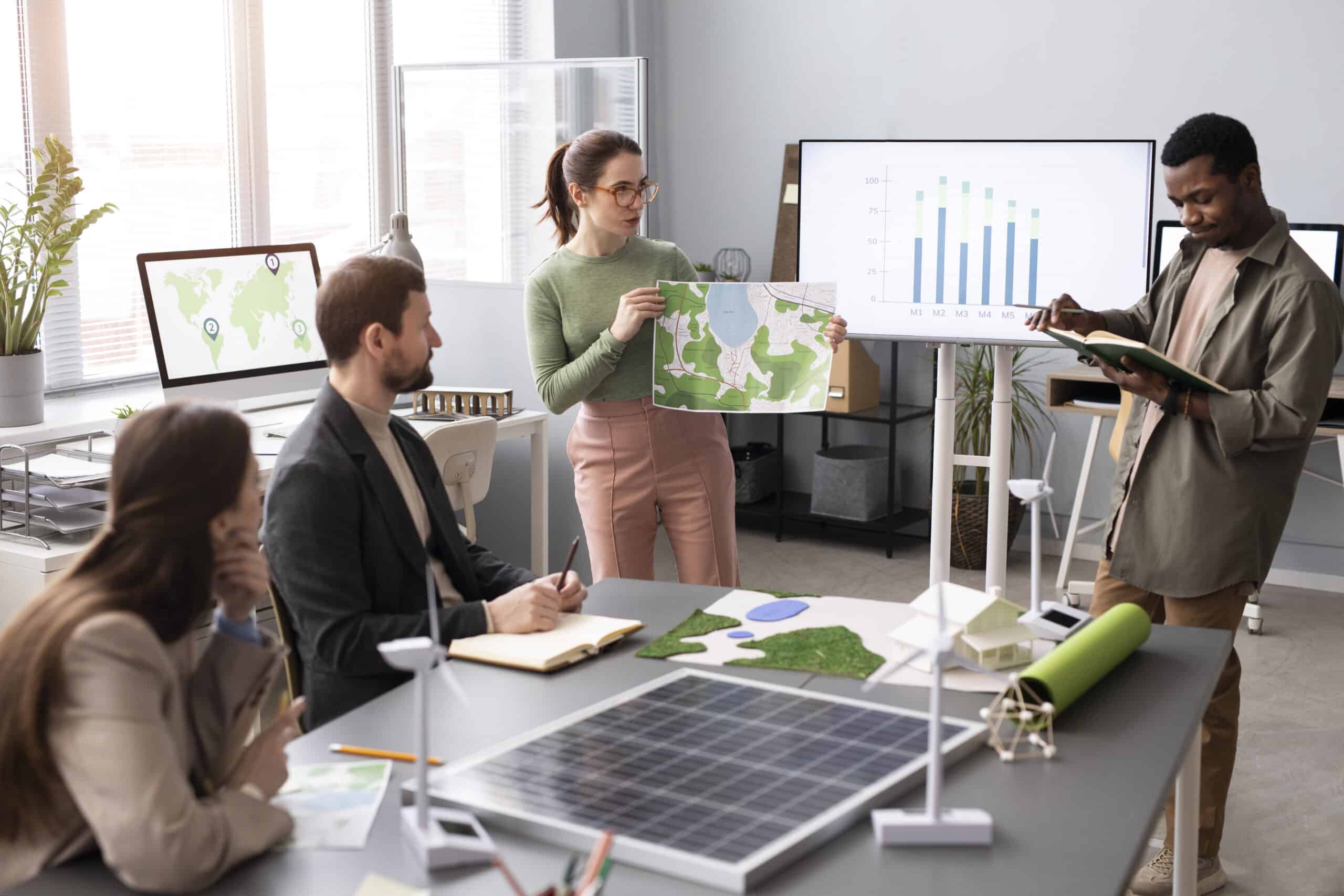 Profissionais discutem estratégias de sustentabilidade empresarial em uma reunião
